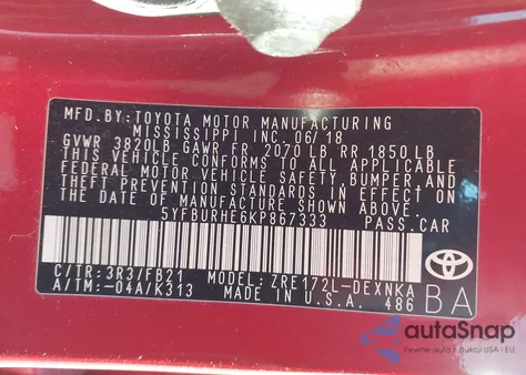 2019 Toyota Corolla Le из США, поврежденный, VIN 5YFBURHE6KP867333